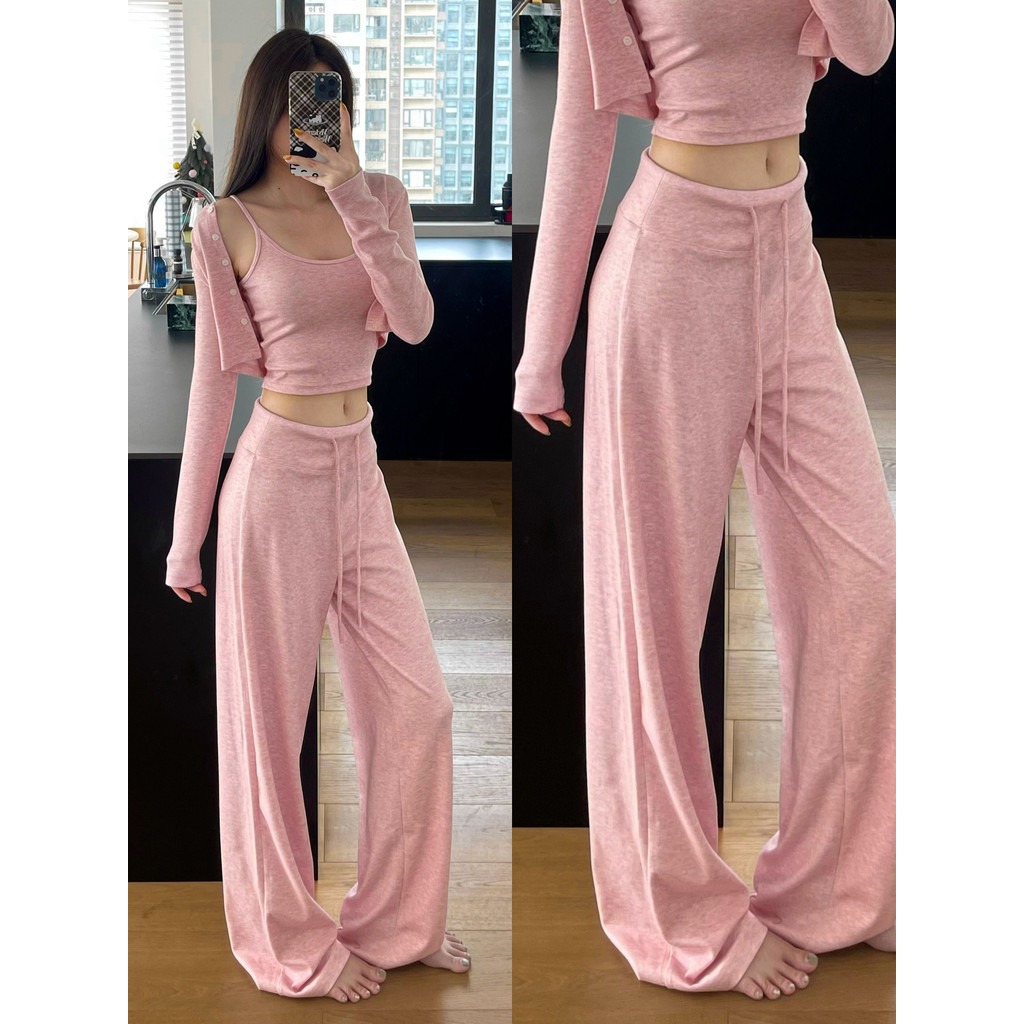 แฟชั่น กางเกงสีเทา สบายมาก! Zhang Ziyi สูงขายาวตรงขากว้างกางเกงกีฬาลำลองกางเกงขี้เกียจผู้หญิงเชือกผู