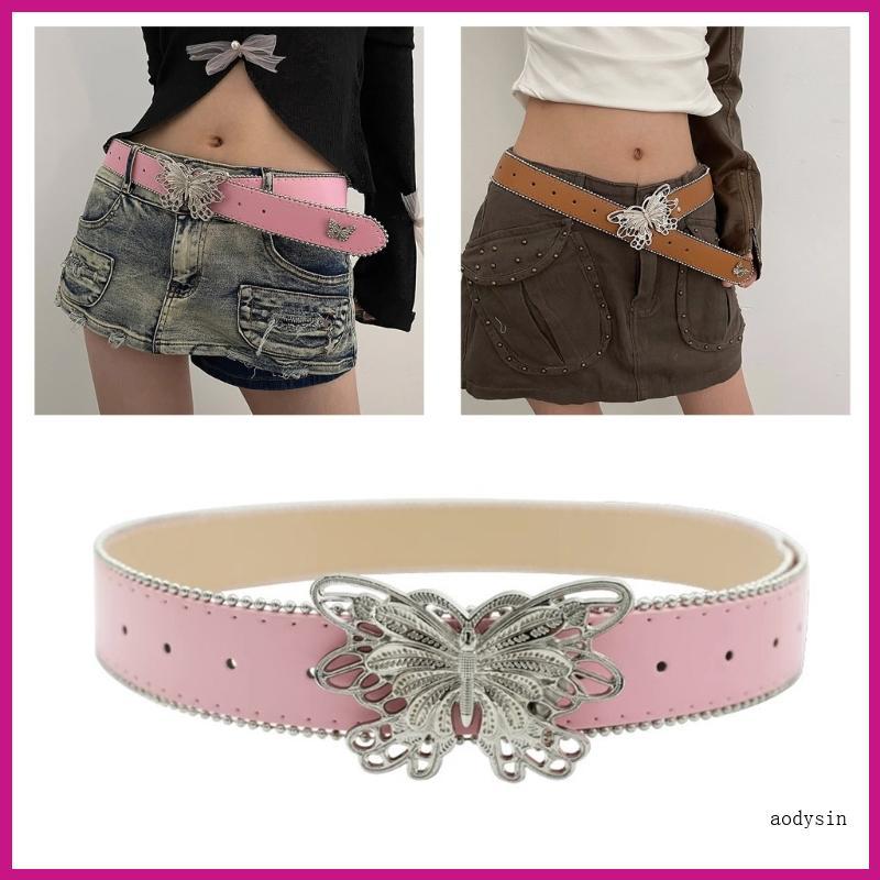 PU Leathers Belt Pin Buckle Belt Y2K Butterfly Buckle Wide Belt Adult Waistband