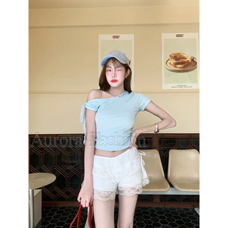Aurora🛒พร้อมส่ง🚚 (รูปถ่ายจากงานจริง) เสื้อแขนสั้นเปิดไหล่ สไตล์สาวเกาหลี สีพาสเทลน่ารัก