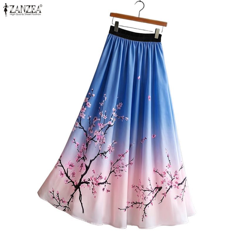 Zanzea ผู้หญิงเกาหลีลําลองดอกไม้ดอกพลัมจีบเอวยางยืดไล่โทนสีกระโปรง Midi เส้น — صورة 6