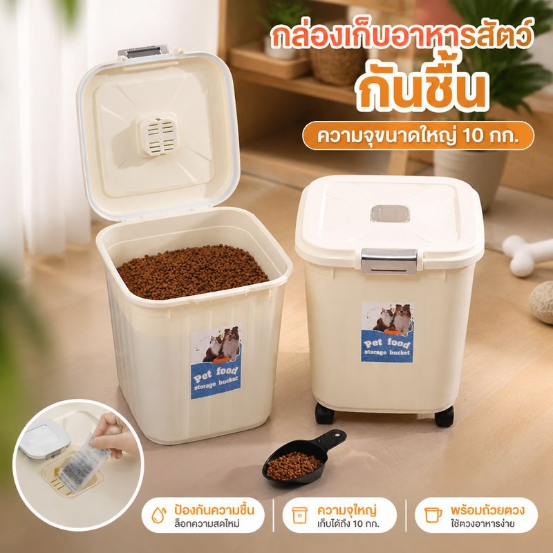กล่องเก็บอาหารสัตว์เลี้ยง ฝาปิดสุญญากาศ กันความชื้น ถังใส่อาหารหมาแมว ขนาดใหญ่ มีล้อ พร้อมถ้วยตวง