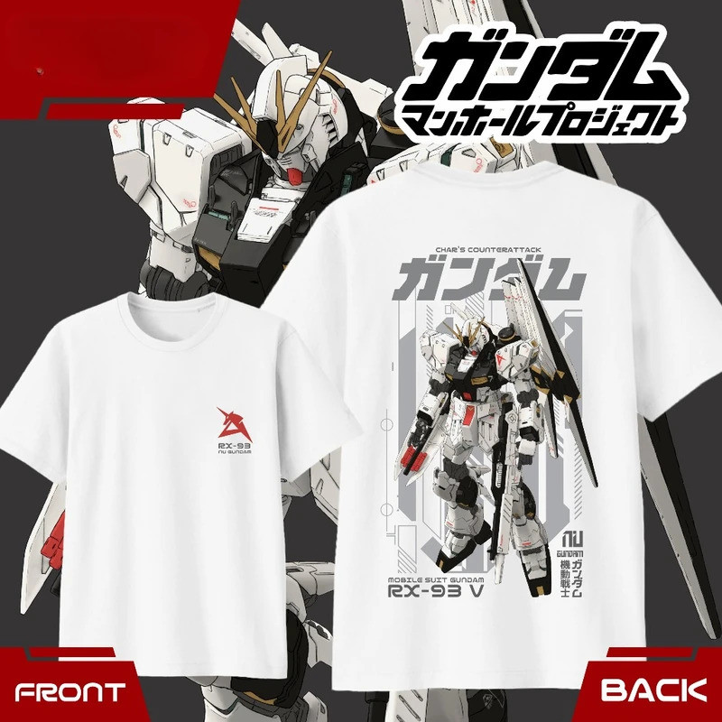 เสื้อยู่ Gundam RX 93 Nu ลายหุ่นยนต์หน้าและหลัง ผ้าฝ้ายบริสุทธิ์ เสื้อสั้นคอกลม สไตล์อนิเมะหุ่นยนต์ 