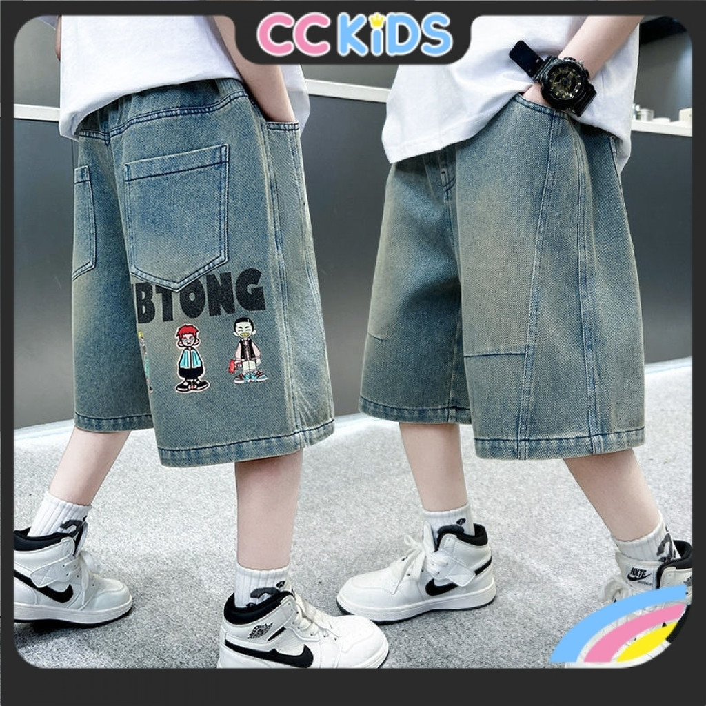 Boys Denim Pants Loose All-Match Casual อินเทรนด์พิมพ์การ์ตูนภาษาอังกฤษขนาด 110-160