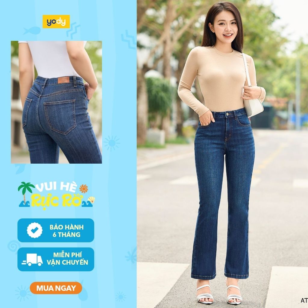 กางเกงยีนส์ขาบานแสงพื้นฐานของผู้หญิง Coolmax YODY ยืดเล็กน้อย QJN7046