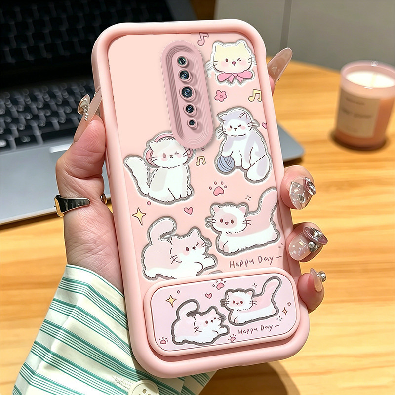 เคสสําหรับ OPPO Reno 2F reno2 F 2 F เคสโทรศัพท์ Softcase ซิลิโคนกันกระแทกดีไซน์ใหม่ความงามน่ารักแมวสีชมพูพร้อมที่วาง JTKLMZJ3