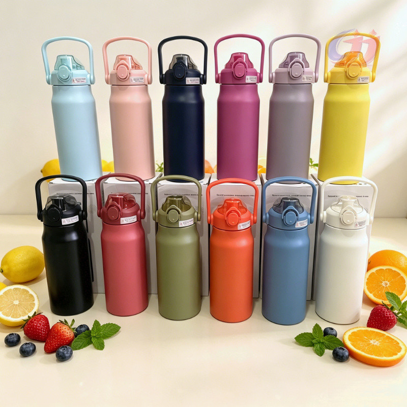 ขวดน้ำสแตนเลส1200ml พร้อมหูหิ้ว แขวนได้ สำหรับกีฬา เดินทาง และใช้ประจำวัน เก็บความร้อน-เย็นได้นาน ขวดน้ำพกพา สีสวยหลายสี