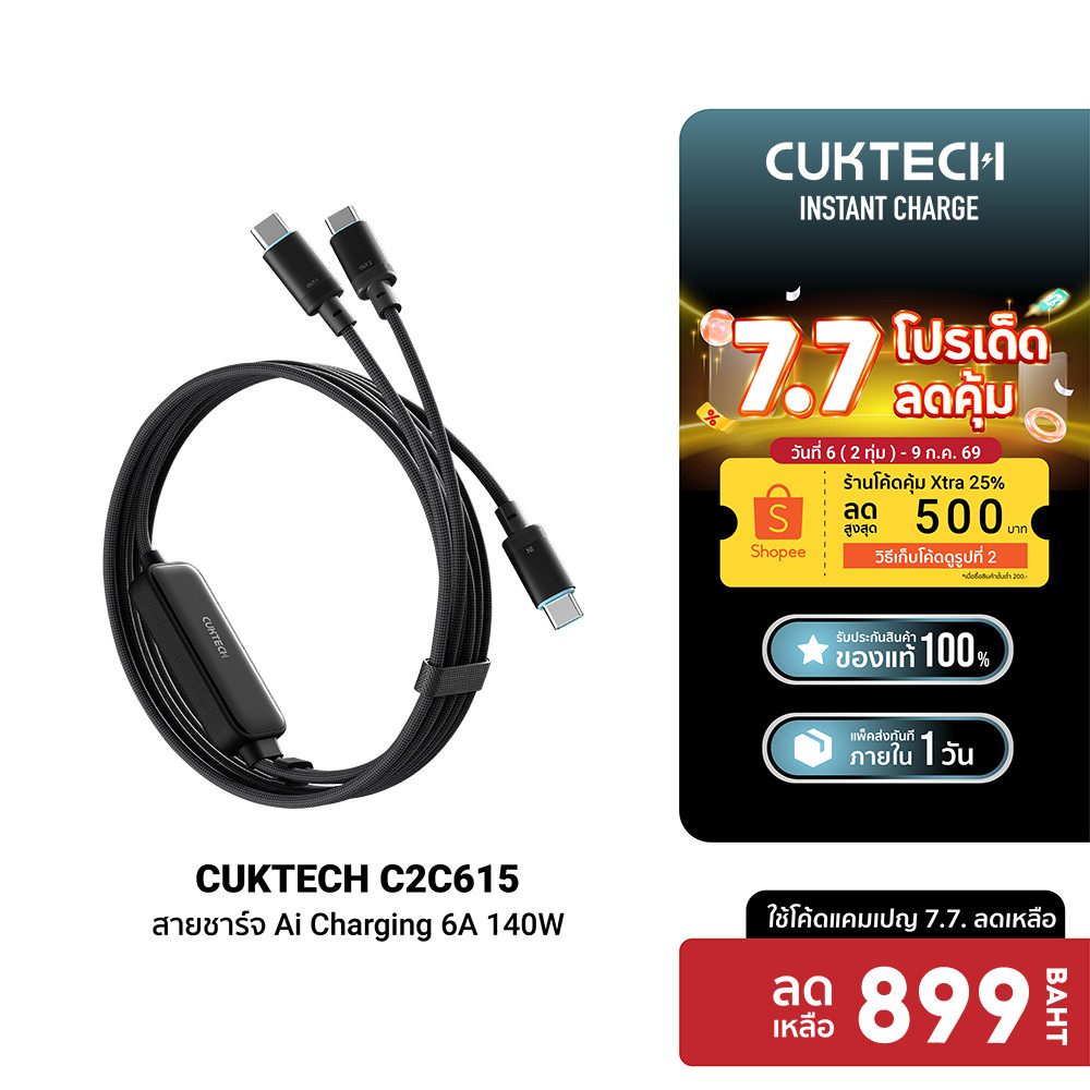 [ลดเหลือ 899] CUKTECH C2C615 Ai Charging 6A 140W สายชาร์จ Ai USB C to C เทคโนโลยีชาร์จเร็ว PD 3.2 (AVS) PPS UFCS -2Y