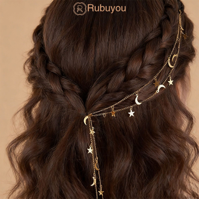 Rubuyou สำหรับผู้หญิง ลายพระจันทร์และดวงดาว ที่คาดผมถักเปีย มองไม่เห็น กิ๊บติดผม อเนกประสงค์ สไตล์นางฟ้า เครื่-COD
