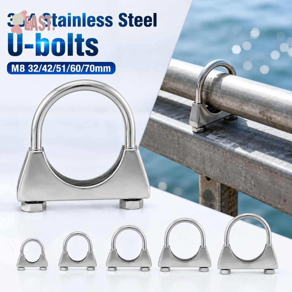 EASTS ตัวล็อคกลมท่อเหล็ก, U-bolt สแตนเลส 304 กันสนิม, M8 ขนาด 32/42/51/60/70 มม. คลิปยึดท่อแข็งแรง ท