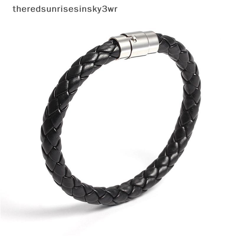 (the) ผู้หญิงผู้ชาย Bla Leather Charm สายรัดข้อมือสแตนเลสสร้อยข้อมือเข็มกลัดแม่เหล็ก (TH)