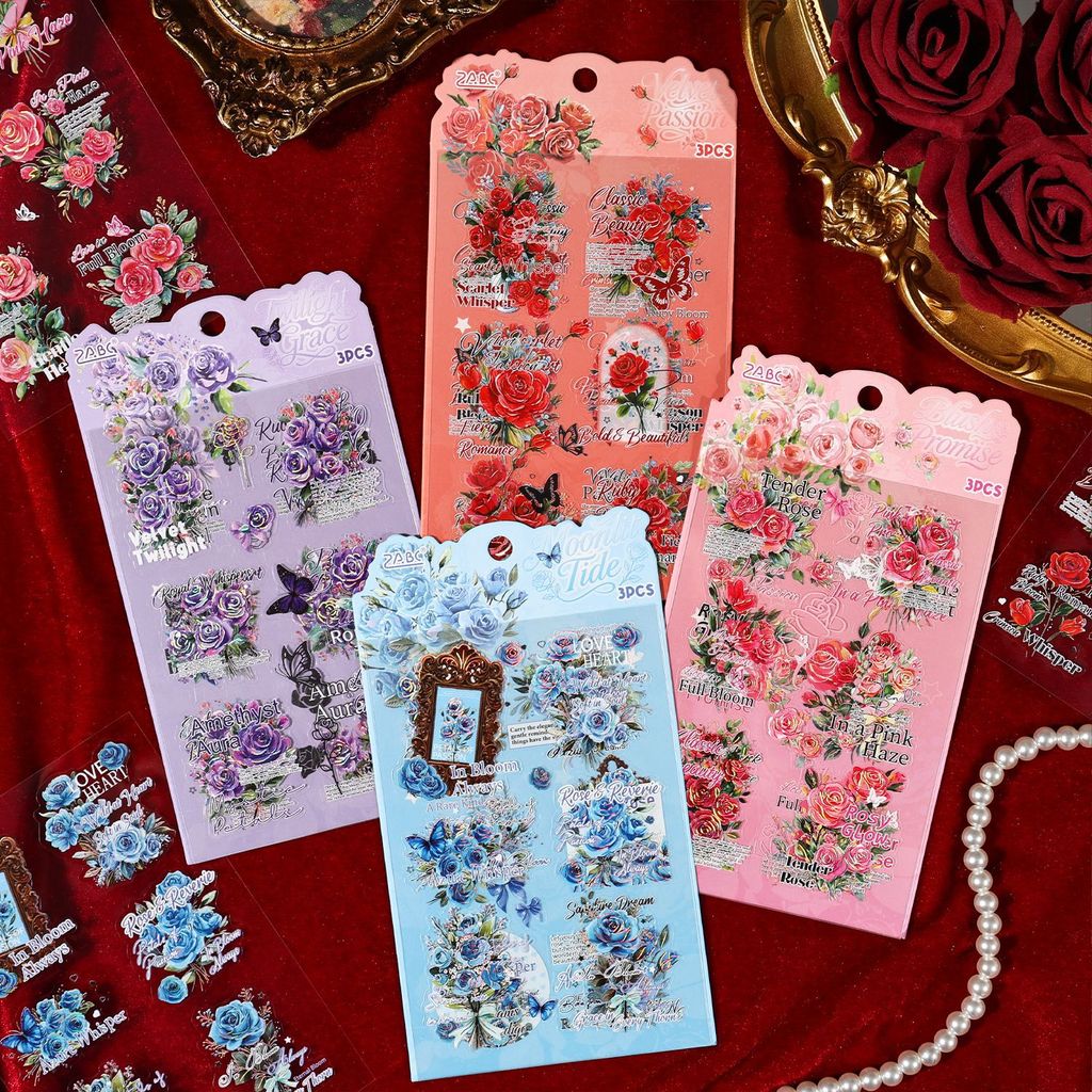 Journamm 3 แผ่นฟอยล์ทอง Rose สติกเกอร์ดอกไม้ Embelishment สติกเกอร์ Scrapbooking DIY Journal การ์ดทํ