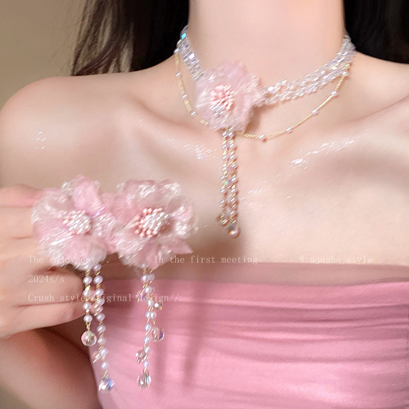 สร้อยคอ สร้อยคอมุก Choker Pearl Female Super Fairy Summer Dopamine Flower