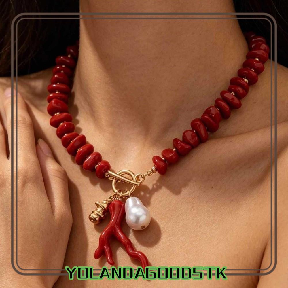 IYOLANDAGOODS1 สร้อยคอลูกปัดปะการัง,จี้สีแดงไม่สม่ําเสมอสร้อยคอChoker, Baroque PearlปรับOTหัวเข็มขัด