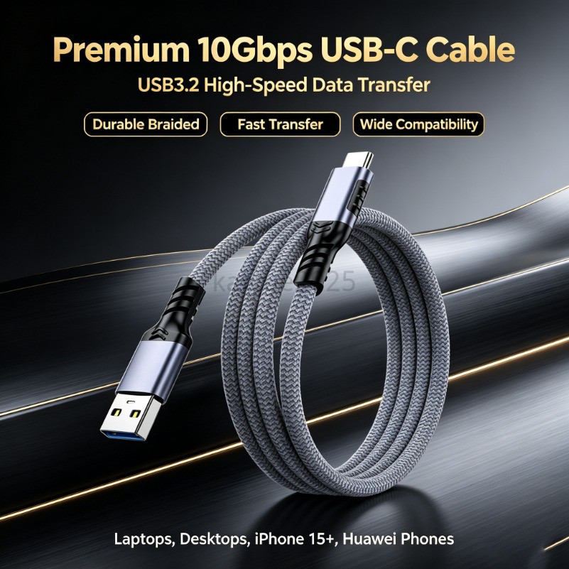 KAIYUE 60W สายฮาร์ดไดรฟ์ USB to TYPE C, สายเคเบิลข้อมูล Type-C USB 3.2, สาย Type-C 10G ความเร็วสูง, สายชาร์จ CarPlay สําหรับ Honor X7D X9D X8D สาย usb c ที่ชาร์จเร็ว