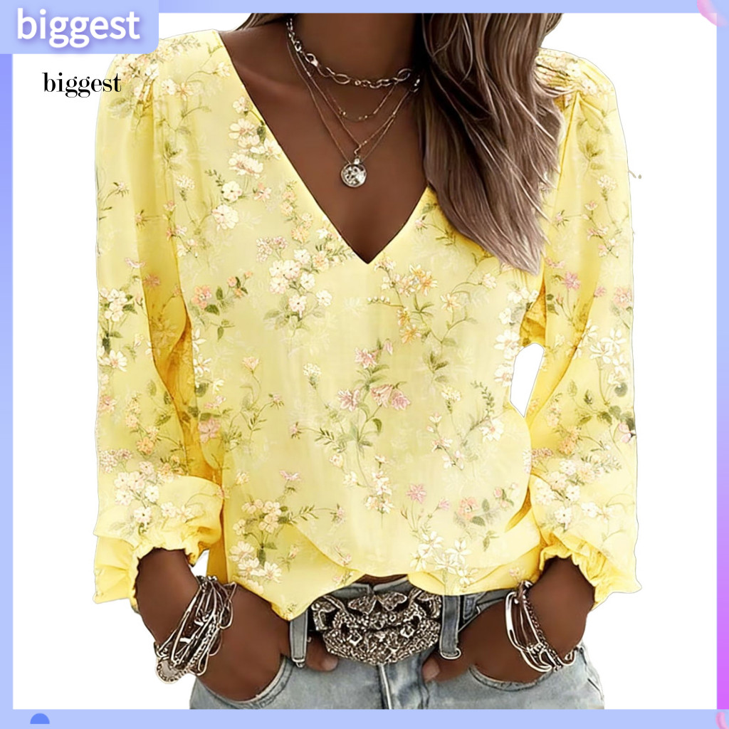 BGT ผู้หญิงดอกไม้ด้านบนหลวม Fit Tops ผู้หญิงs Retro ดอกไม้พัฟแขนเสื้อ V คอหลวมเสื้อ Fit Breathable แ