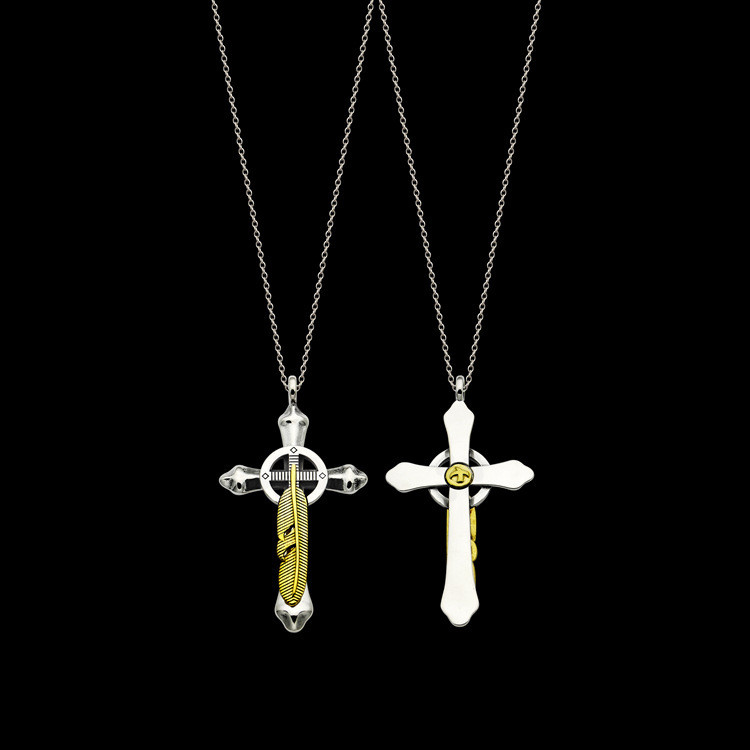 QB0E Goro Goro Feather Cross สร้อยคอยาวปานกลาง Asian Gold ผู้ชายผู้หญิงยาวเสื้อกันหนาว