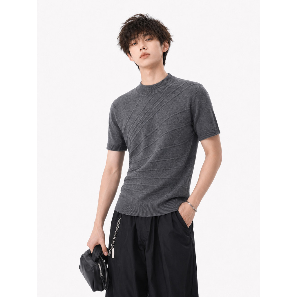 American Retro Loose-Line Sculpture Jacquard คอสั้นแขนเสื้อผู้ชายผู้หญิงฤดูร้อน Breathable All @