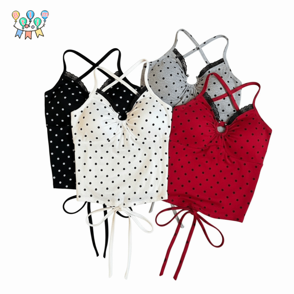 BTLIM Polka Dot ผ้าฝ้าย, Cross Backless Lace Crop Vest Tops, แฟชั่น V คอออกแบบสปาเก็ตตี้ Ropa Mujer 