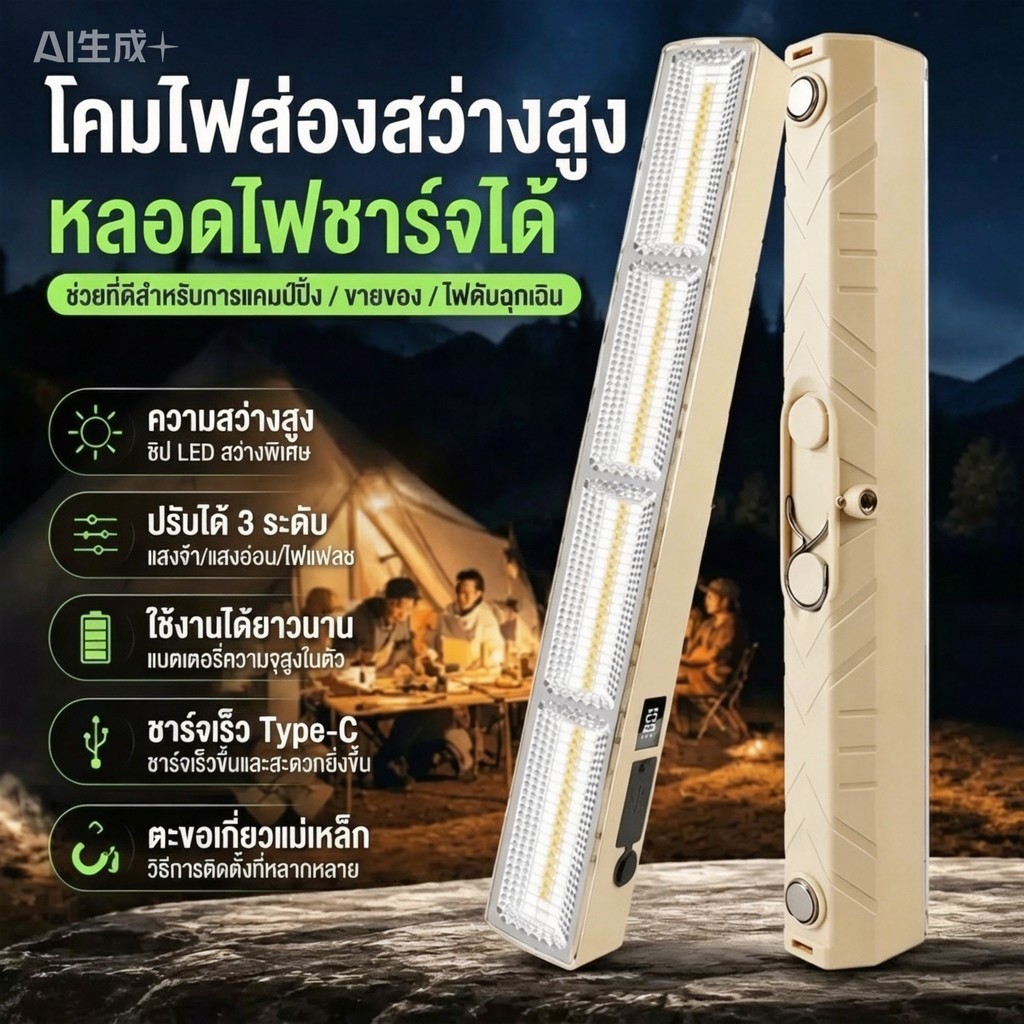จัดส่งจากประเทศไทยหลอดไฟพกพา 50000ว ไฟฉุกเฉินพกพา เดินป่า ตั้งแคมป์ ชาร์จไฟบ้าน ไฟพร้อมตะขอ รถ บ้าน ฉุกเฉินโรงรถ ตั้งแคมป์
