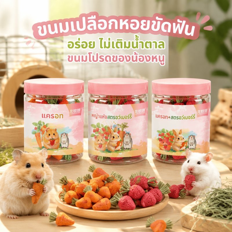 ขนมเคี้ยวลับฟันหนูแฮมสเตอร์ ทำจากแครอทและฝักข้าวโพดธรรมชาติ ไม่มีสารเติมแต่งและน้ำตาลเทียม อุดมไฟเบอร์ปรับระบบย่อยอาหาร