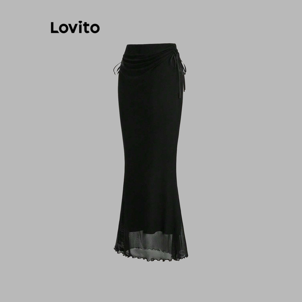 (แคชชวล) Lovito กระโปรงผู้หญิง ทรงหางปลา ผูกเชือก สีพื้น สไตล์ เกาหลี อินเทรนด์ L102AD267