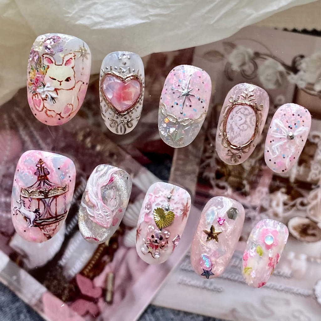 เล็บสวมใส่ทํามือบําบัดด้วยแสงหวานและฝัน 10 ชิ้น Bunny Cute Fairyland Paradise Nail Art Tablets
