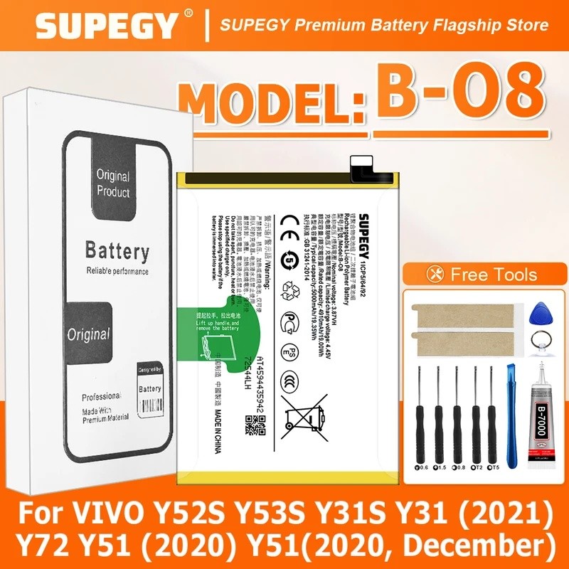 SUPEGY 100% ใหม่แบตเตอรี่ Quanlity B-O8 สําหรับ VIVO Y52S/Y31S/Y31-2021/ Y72 5G /Y51 2020/Y52 5G/Y72