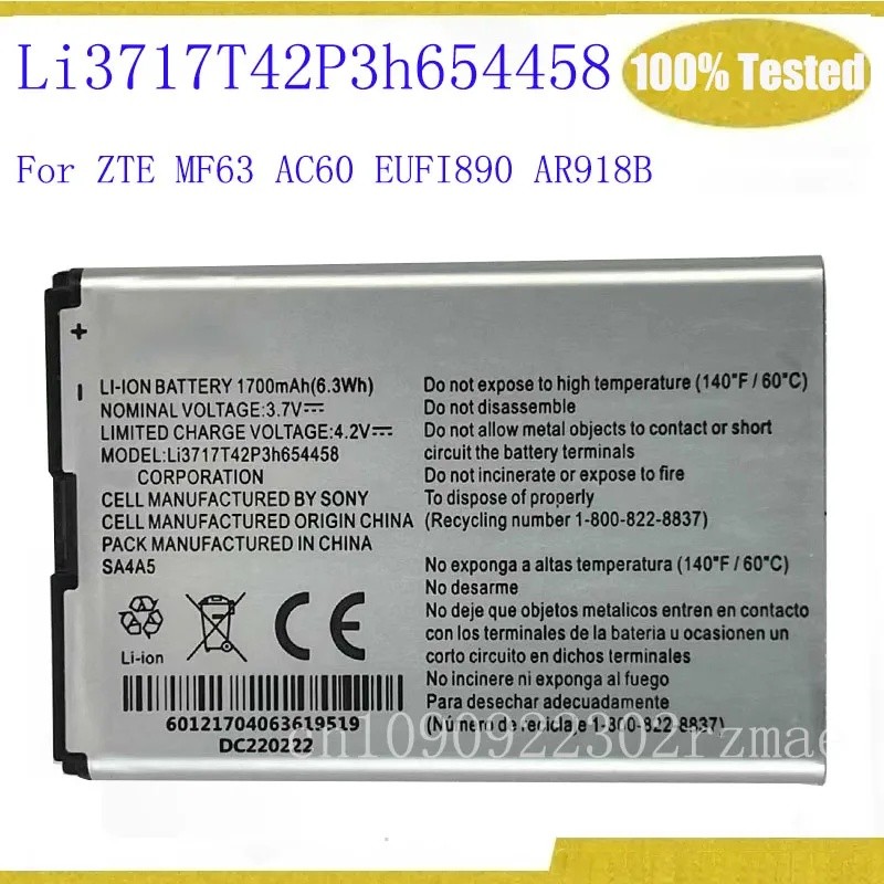 ของแท้ 1700mAh Li3717T42P3h654458 แบตเตอรี่สําหรับ ZTE MF63 AC60 EUFI890 AR918B โทรศัพท์มือถือ Batte