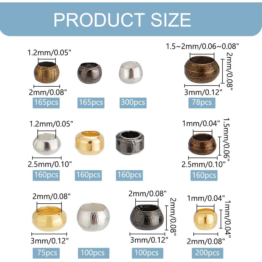 PH PandaHall 1832pcs 4 สี 3 ขนาด Rondelle Crimp ลูกปัด, 2/2.5/3 มม.ทองเหลือง Clamp End Spacer ลูกปัด