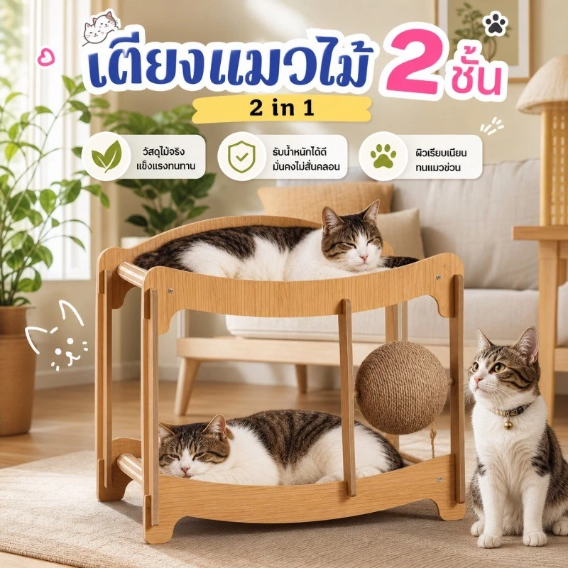 เตียงแมวไม้ 2 ชั้น เปลแมว 2 in 1ที่ลับเล็บเปลนอน ที่นอนแมว กระดานลับเล็บแมว ของเล่นแมว ป่านศร