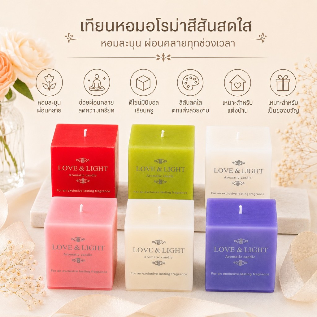 เทียนหอมอโรม่าทรงสี่เหลี่ยม
