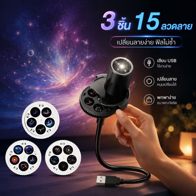 โคมไฟโปรเจคเตอร์ดาว ชาร์จ USB เลนส์ 4K ปรับโฟกัส หมุนได้ 90 องศา ฟิล์ม 15 ลาย แม่เหล็ก