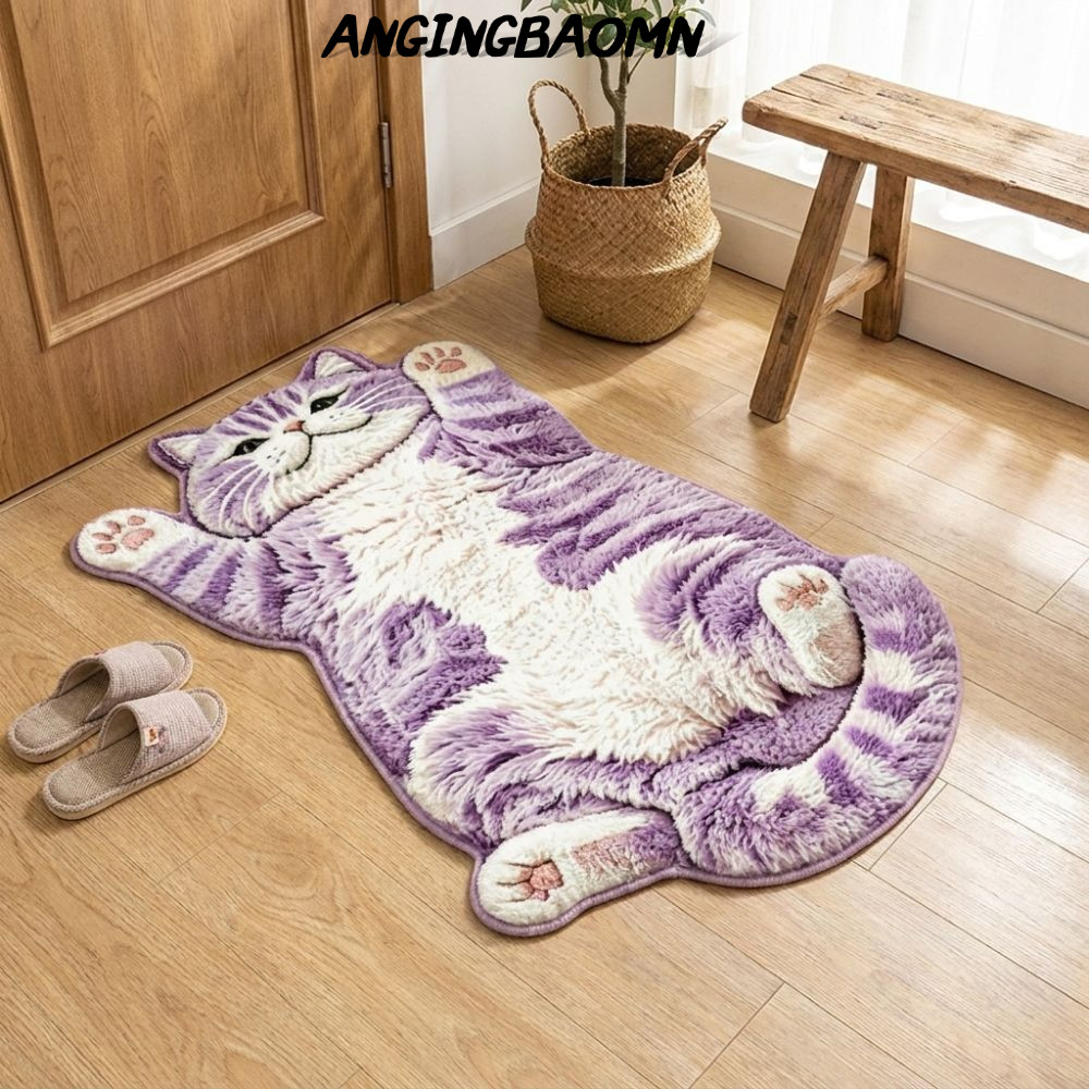 ANGINGBAOMN พรมตกแต่งบ้าน, 2D ทําความสะอาดง่ายพรมพื้นที่รูปแมว,นุ่มป้องกันการเปรอะเปื้อนลื่นพรมการ์ตูนห้องนั่งเล่น