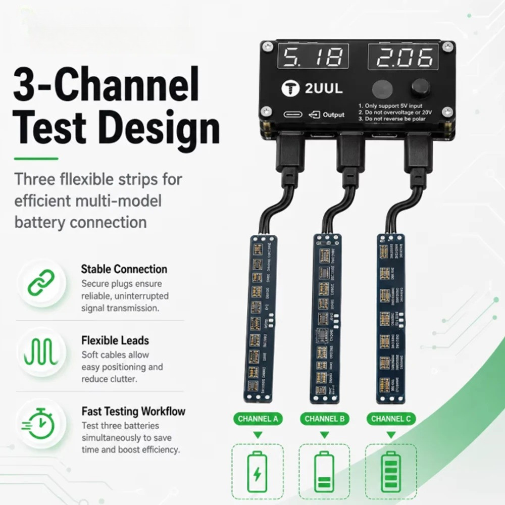 2UUL BT05 บอร์ดทดสอบเปิดใช้งานแบตเตอรี่หลายสายเครื่องมือทดสอบ 3 ช่องแบบแฮนด์ฟรีสําหรับซ่อมแบตเตอรี่โทรศัพท์มือถือ
