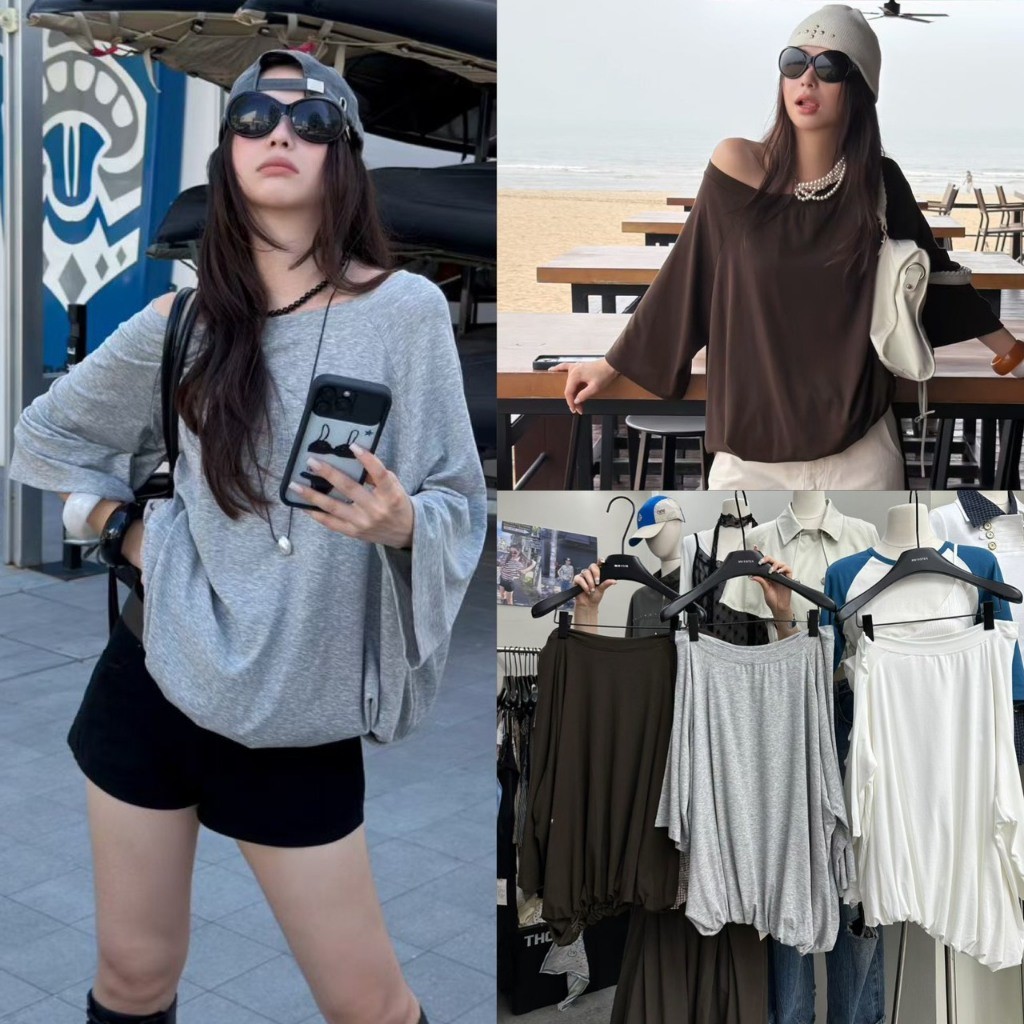 SU527 Off Shoulder Top เสื้อโอเวอร์ไซซ์คอปาด ทรงปล่อย ชายจั๊ม ใส่แบบปาดไหล่ก็แซ่บ แฟชั่นเกาหลี TAG MM Fish