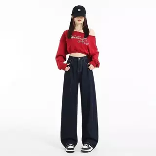 DK JEANS กางเกงยีนส์ ขากว้าง สีน้ำเงินเข้ม สไตล์อเมริกันสำหรับผู้หญิง รุ่นใหม่ เอวสูง ทรงหลวม สบายๆ ป้ายน้ำตาลสุดเก๋