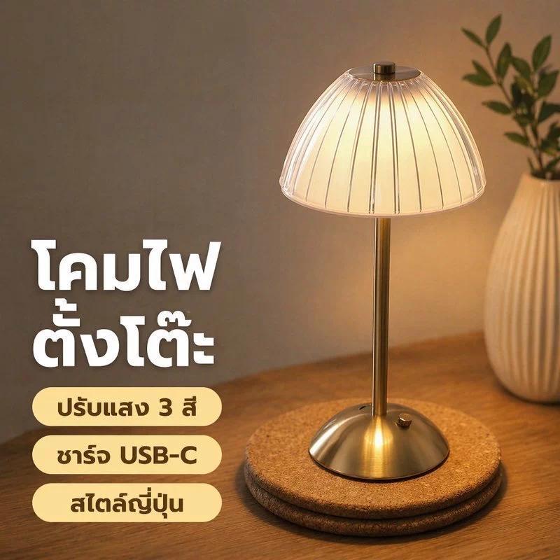 【พร้อมส่ง】 LED โคมไฟตั้งโต๊ะคริสตัล ไฟตั้งโต๊ะ ปรับแสงได้ 3สี ชาร์จ Type-C สไตล์ญี่ปุ่น คริสตัล วินเทจ