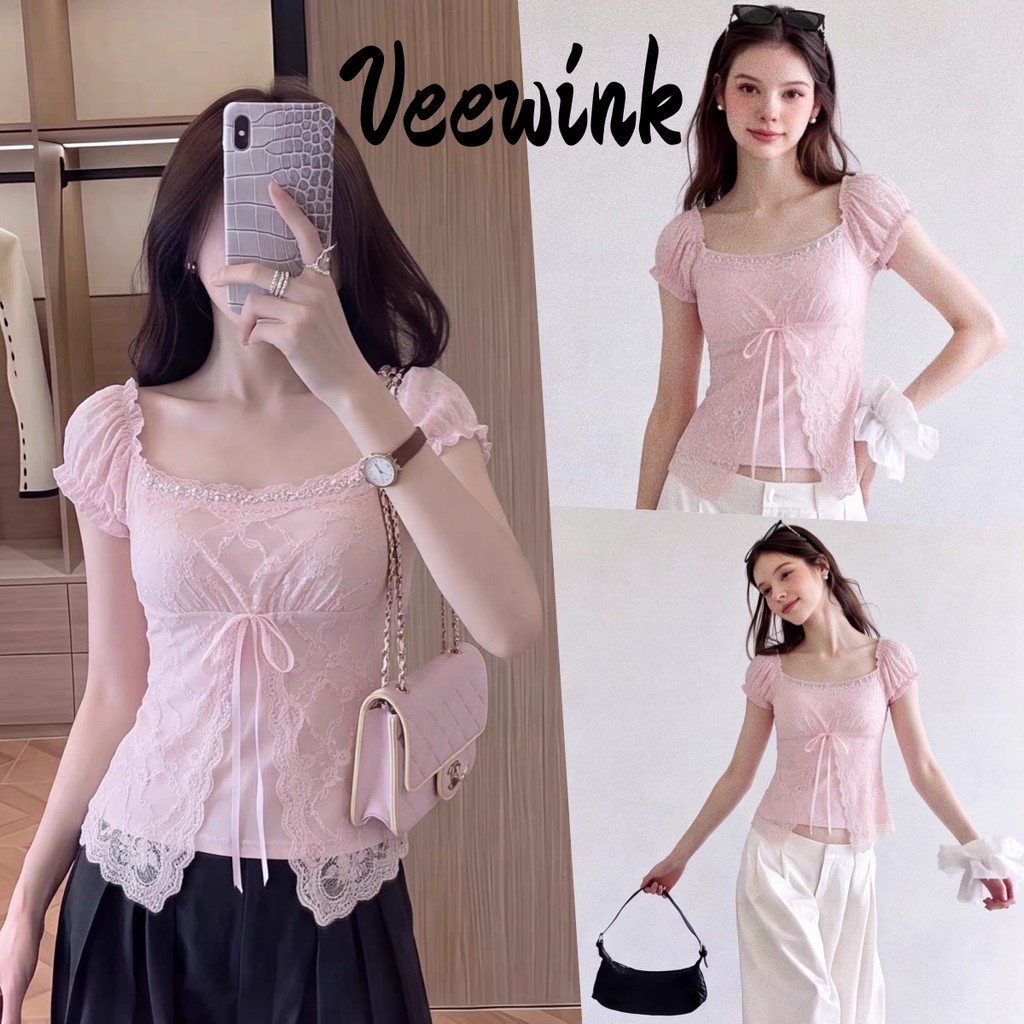 Veewink เสื้อยืดแขนสั้นลูกไม้ต่อโบว์ ดีไซน์ไม่ซ้ำ ทรงหลวม ใส่แล้วเรียว แมทช์ง่าย หวานใส