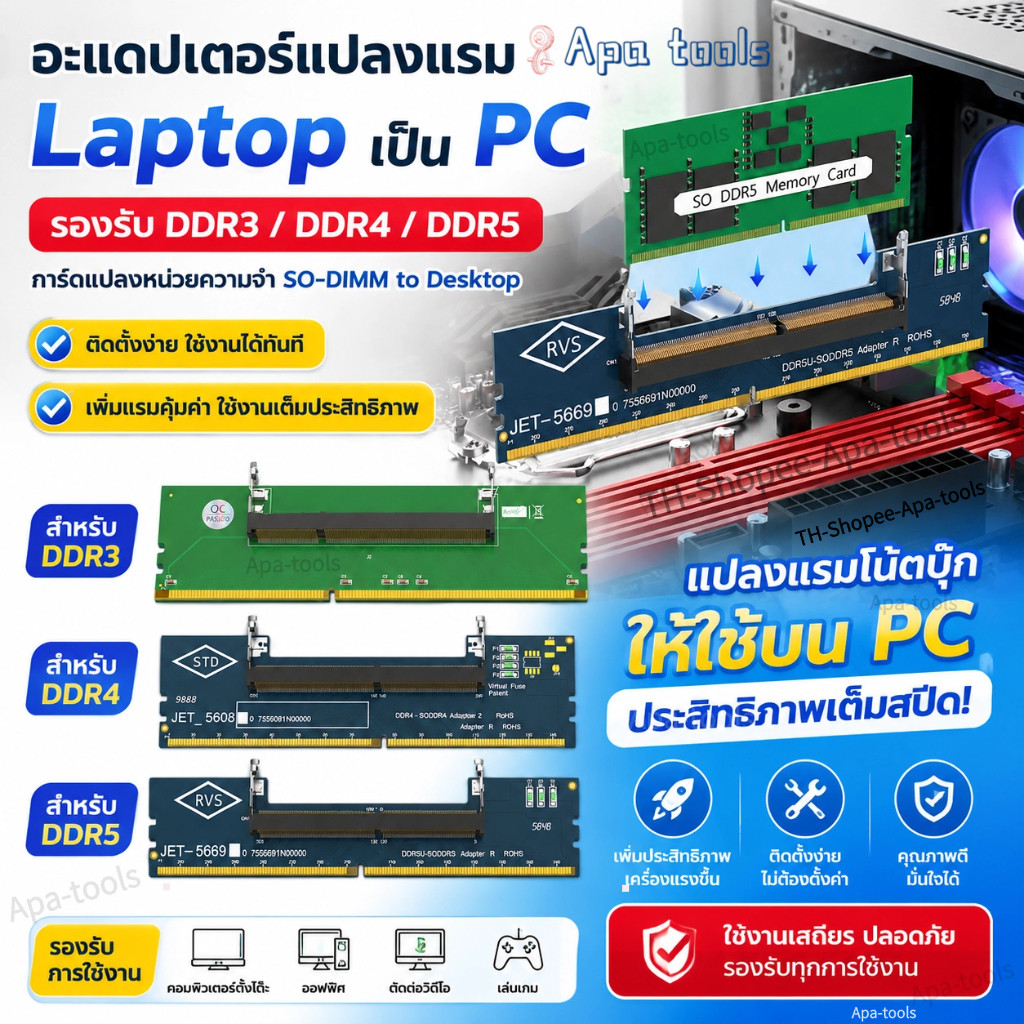 อะแดปเตอร์แปลงแรม Laptop เป็น PC รองรับ DDR3 DDR4 DDR5 การ์ดแปลงหน่วยความจำ SO-DIMM to Desktop ใช้งานง่าย RAM