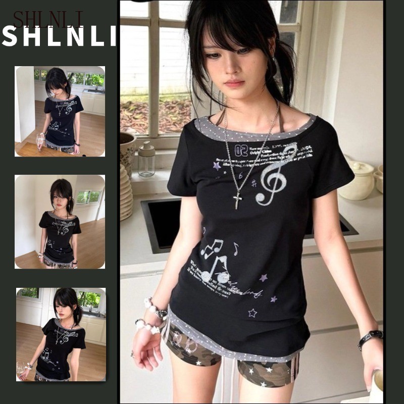 ผู้หญิง Y2K ปิดไหล่เสื้อยืด Score การพิมพ์สีปิดกั้นขอบตัดด้านบน