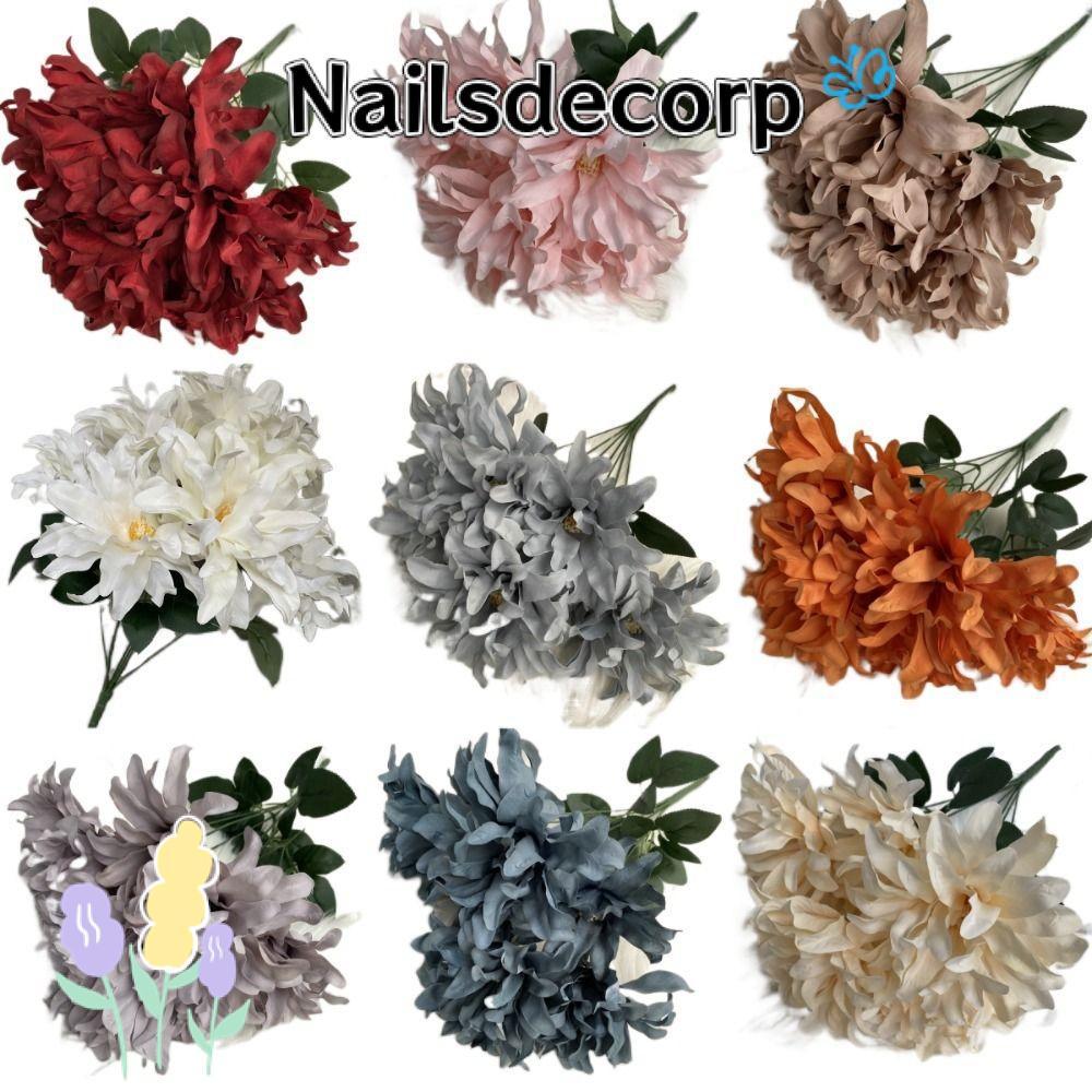 NAILS Dahlia Bunch ดอกไม้ผ้าแปรงจัดดอกไม้ Dahlia ดอกไม้ประดิษฐ์ 7 หัว DIY 45 ซม.ปลอมตกแต่งบ้าน