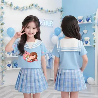 ชุดเซ็ทเด็กผู้หญิง สีฟ้า วันแม่ เสื้อปกทหารเรือ กระโปรงอัดพลีท