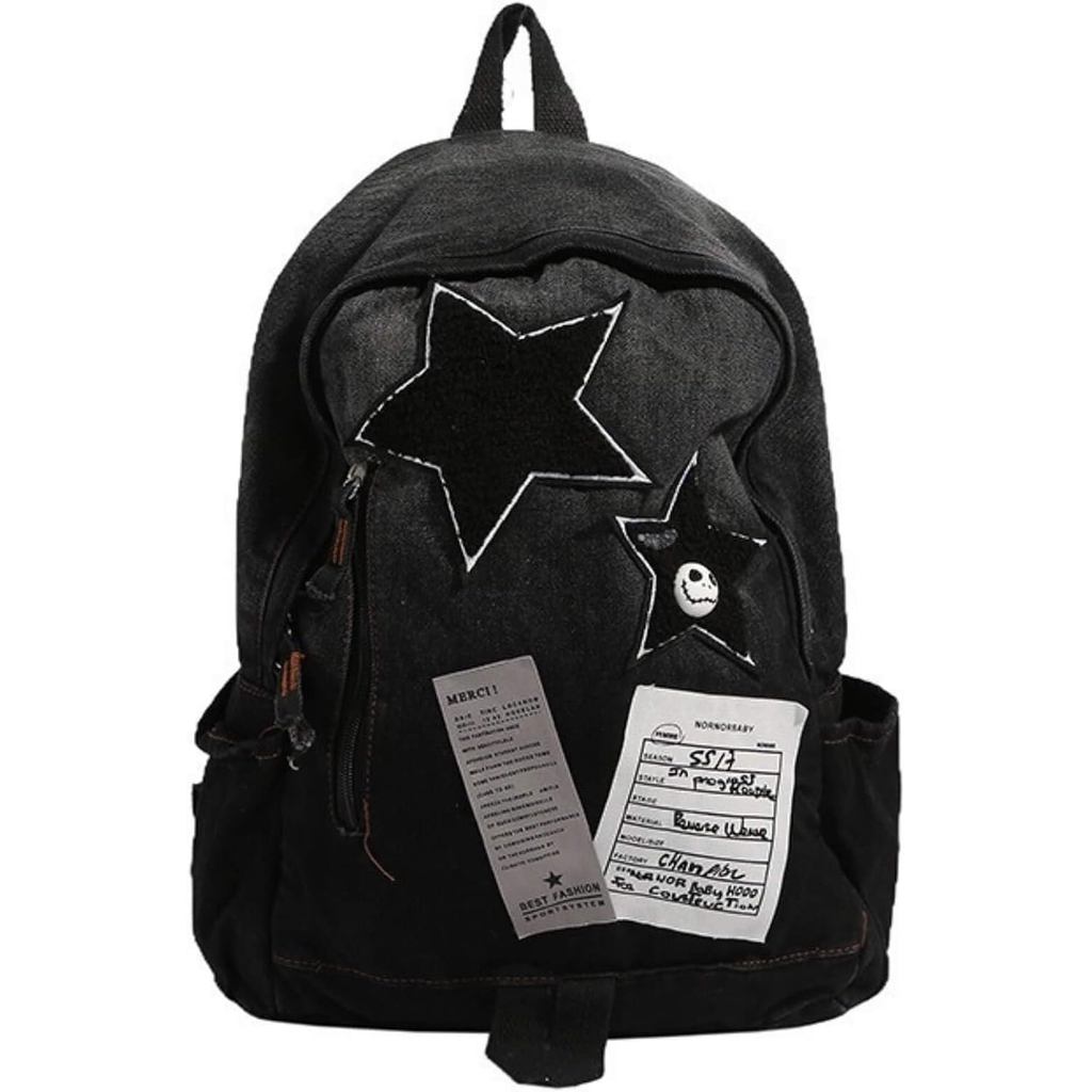 น่ารัก Star Denim กระเป๋าเป้สะพายหลัง, Grunge Y2K Vintage Fashion Bookbag, Aesthetic Emo 2000s กระเป