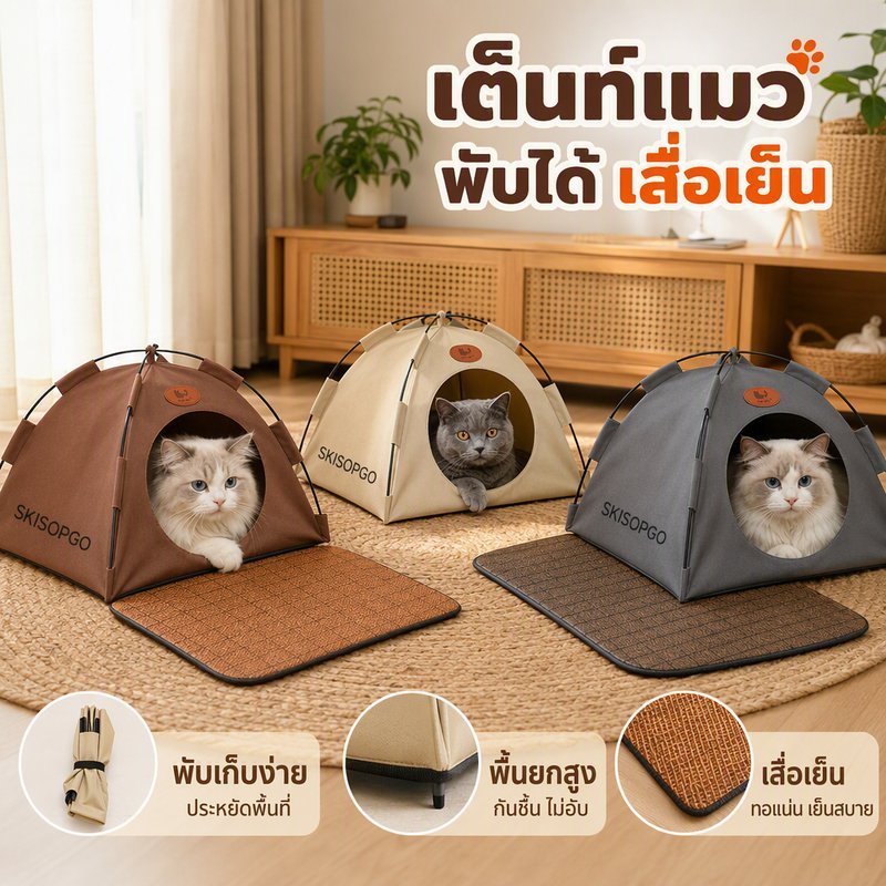 เต็นท์แมว บ้านแมวพับได้ ที่นอนแมว ระบายอากาศ เสื่อเย็นหวายสาน ยกพื้นกันชื้น เบา