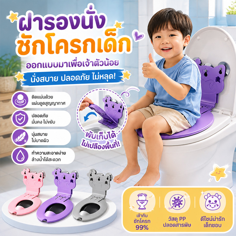 พร้อมส่ง ฝารองนั่งเด็กพับได้ ฝารองชักโครกสำหรับเด็ก ใช้งานไม่ยุ่งยาก ทำความสะอาดง่าย น้ำหนักเบา เหมาะสำหรับฝึกขับถ่าย