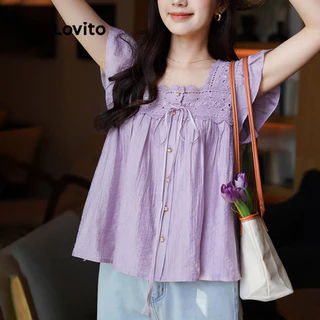 Lovito วันหยุด เสื้อเบลาส์ สีพื้น คอระบาย สไตล์ สำหรับผู้หญิง L121MD622