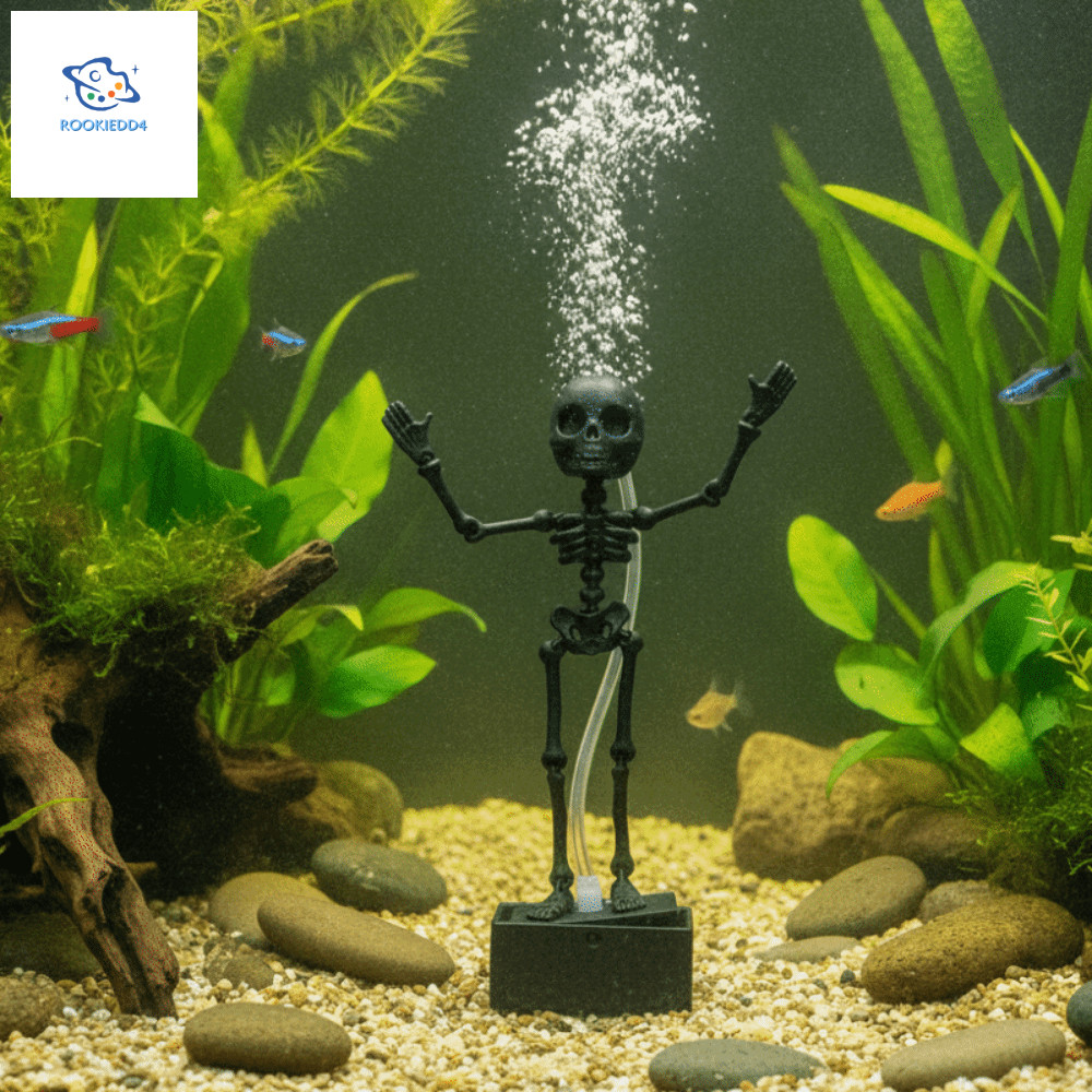 ROOKIEDD4 ตกแต่งตู้ปลา, Bubble Driven 3D พิมพ์ Aquarium เครื่องประดับ, Skeleton Bubbler Glow Dark ปลอดสารพิษ Articulated Bone Luminous Skeleton ชามกุ้ง