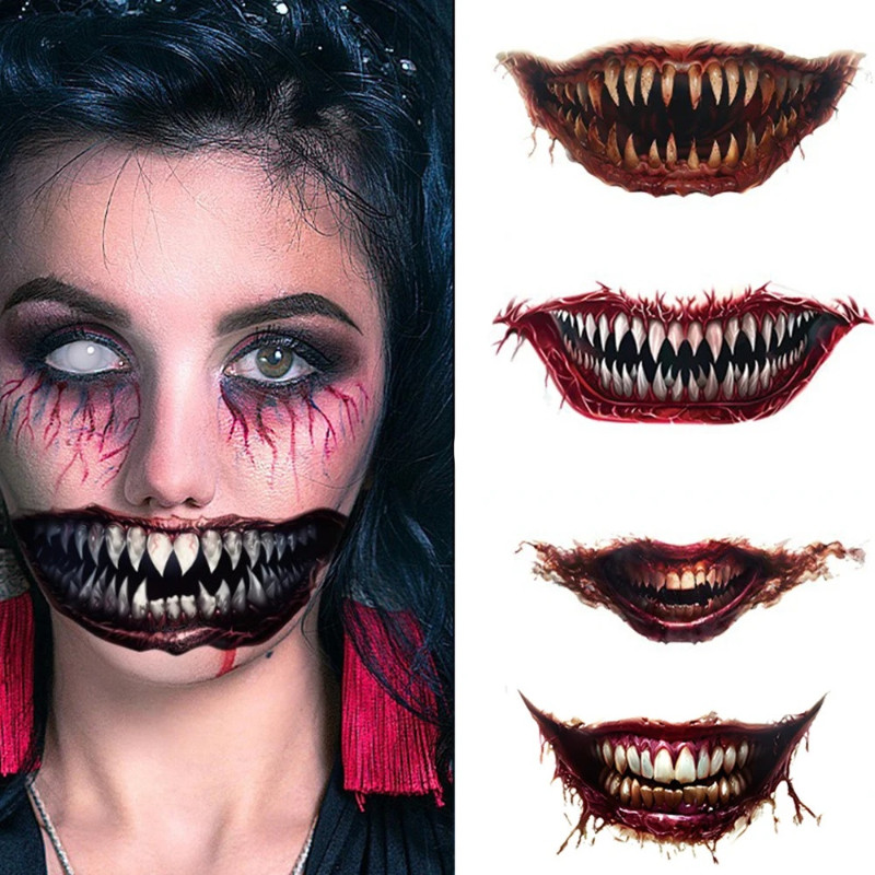 1/5/10PCS ฮาโลวีนกันน้ํา Face Tattoo สติกเกอร์ Terrible ปากใหญ่ปลอม Tattoo สําหรับ Saints Day