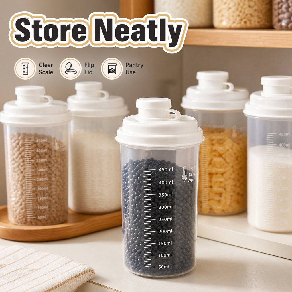 2/5PCS โปร่งใสขวดเก็บอาหาร 500ML สกรูหมวก Pour Spout Pantry Organizer