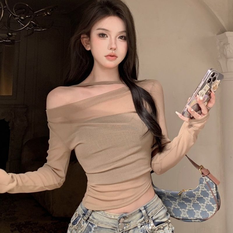 2026 One-ไหล่ยาวผ้ากอซเสื้อยืดผู้หญิงภาษาฝรั่งเศสคํา Pure Desire สาวร้อน Slim-Fit ครีมกันแดดดูผ่าน T